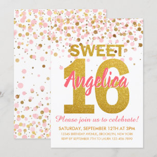 Invitación Purpurina de oro rosa Confetti Chica Dulce 16 Cump