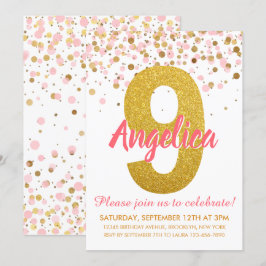 Invitación Purpurina de Oro Rosa Confetti Chica Noveno Cumple