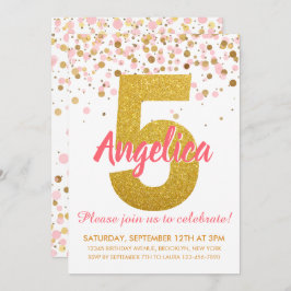 Invitación Purpurina de Oro Rosa Confetti Chica Quinto cumple