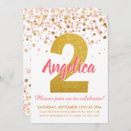 Invitación Purpurina de Oro Rosa Confetti Chica Segundo Cumpl