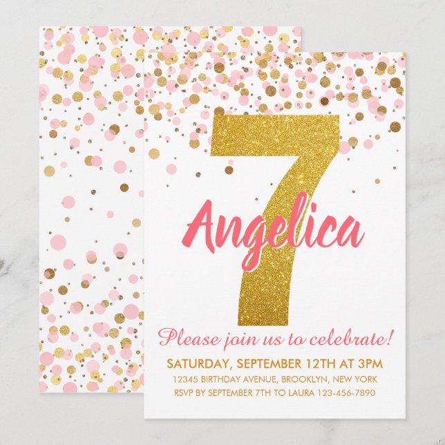 Invitación Purpurina de Oro Rosa Confetti Chica Séptimo Cumpl (Anverso / Reverso)