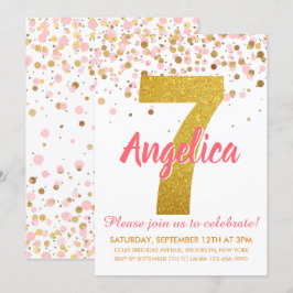 Invitación Purpurina de Oro Rosa Confetti Chica Séptimo Cumpl