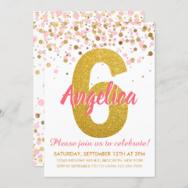 Invitación Purpurina de Oro Rosa Confetti Chica Sexto cumplea