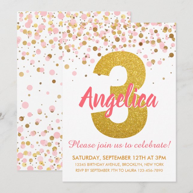 Invitación Purpurina de Oro Rosa Confetti Chica Tercer cumple (Anverso / Reverso)