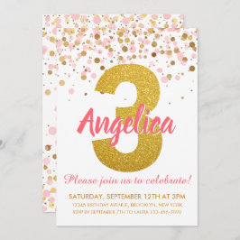 Invitación Purpurina de Oro Rosa Confetti Chica Tercer cumple