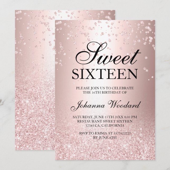 Invitación purpurina de oro rosa confetti metálico Sweet 16 (Anverso / Reverso)