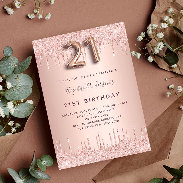 Invitación purpurina de oro rosa de 21 años gotea elegante (Subido por el creador)
