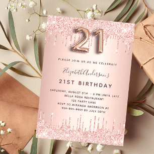 Invitación purpurina de oro rosa de 21 años gotea lujo