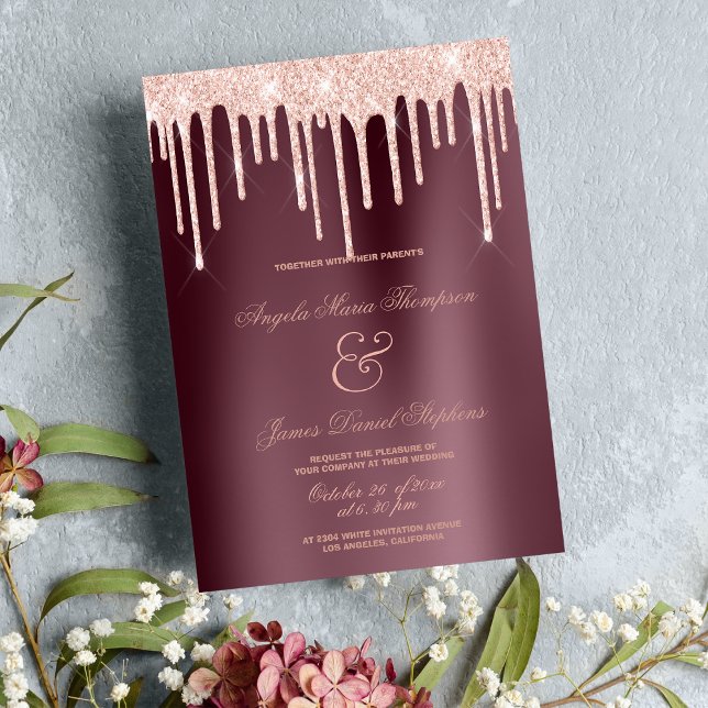 Invitación Purpurina de oro rosa de Borgoña gotea boda glamur (Burgundy rose gold glitter drips glamorous wedding)