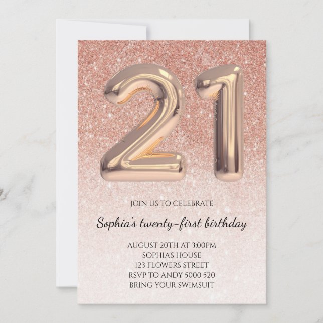 Invitación Purpurina de oro Rosa de cumpleaños 21 Chica Elega (Anverso)