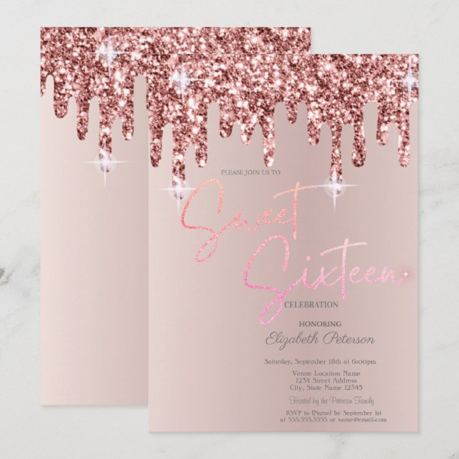 Invitación Purpurina de oro Rosa de Guay gotea Rubor Sweet 16 (Anverso / Reverso)