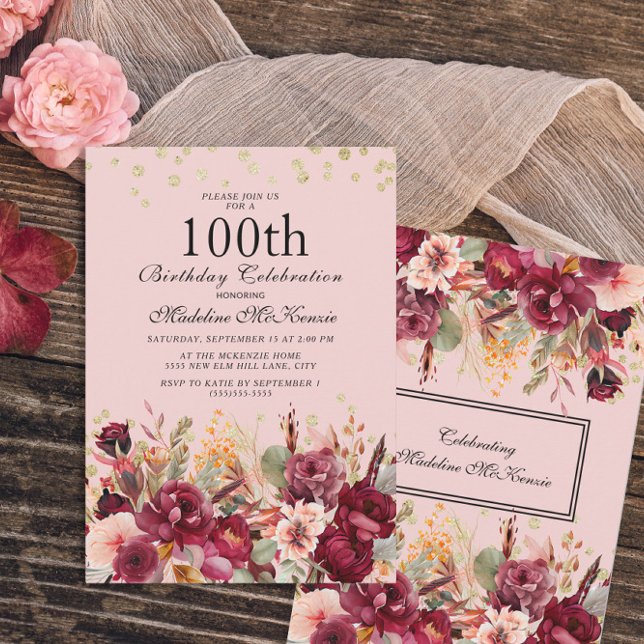 Invitación Purpurina de oro rosa de la floral borgoñona 100 c (Subido por el creador)