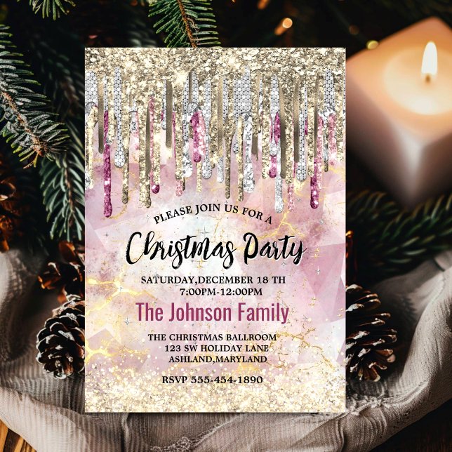 Invitación purpurina de oro rosa de moda gotea Navidades en m (Subido por el creador)