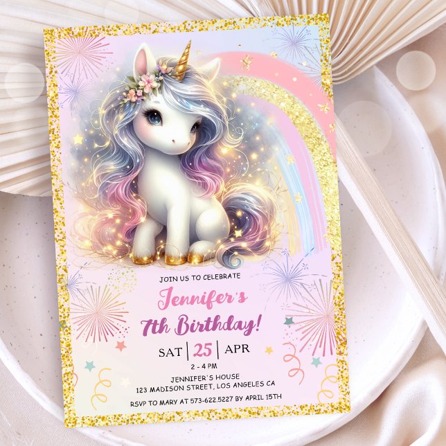 Invitación Purpurina de Oro Rosa de Unicornio chica (#UnicornBirthdayInvitation #UnicornBirthdayInvitationTemplate #UnicornBirthdayInvitationEditable)