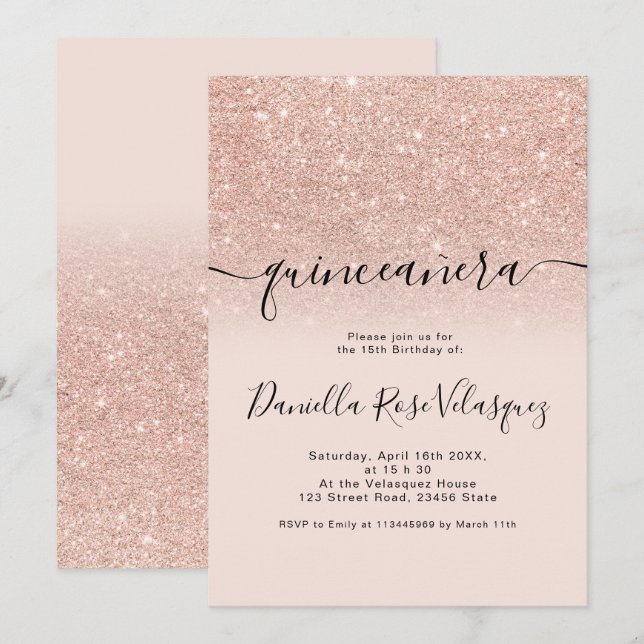 Invitación purpurina de oro Rosa destella quinceanera rosa os (Anverso / Reverso)