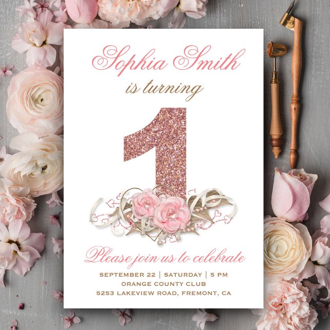 Invitación Purpurina de oro rosa dulce  de primer cumpleaños (Subido por el creador)