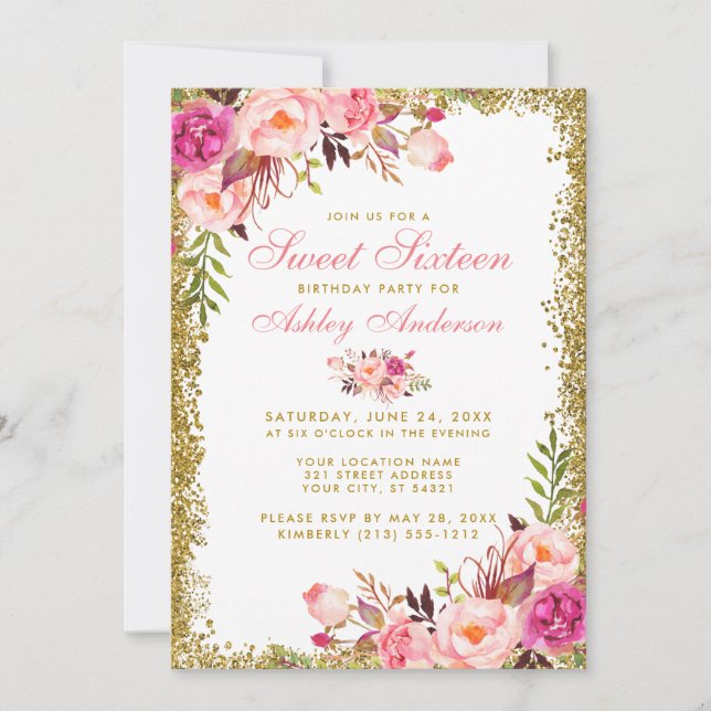 Invitación Purpurina de oro rosa dulce floral 16 cumpleaños i (Anverso)