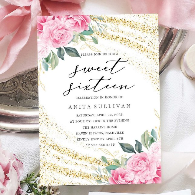 Invitación Purpurina de oro Rosa Dulce Rosa Dulce Dieciséis C (Subido por el creador)