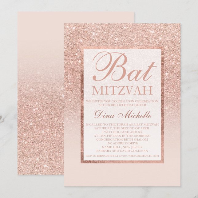 Invitación Purpurina de oro rosa  elegante moda Bat Mitzvah (Anverso / Reverso)
