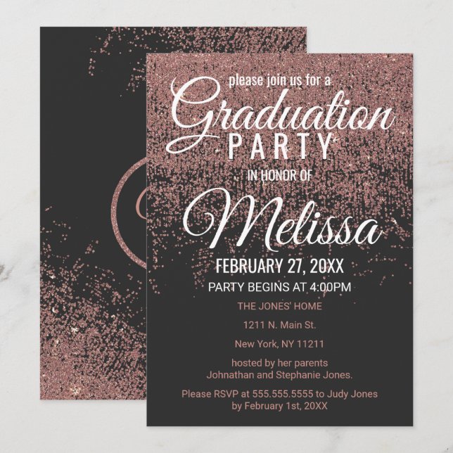 Invitación Purpurina de oro Rosa esparce fiesta de graduación (Anverso / Reverso)