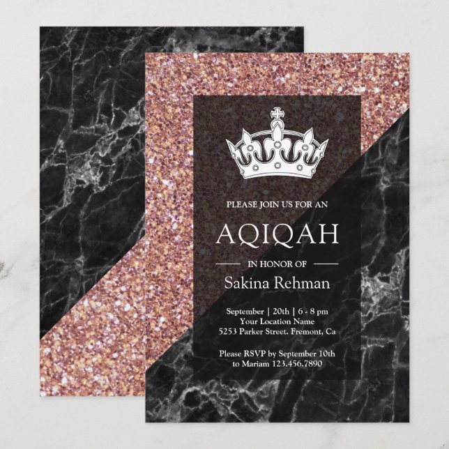 Invitación Purpurina de oro Rosa falso Mármol negro Aqiqah (Anverso / Reverso)