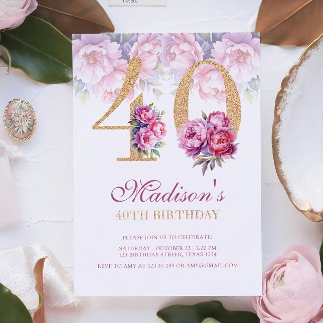 Invitación Purpurina de oro rosa floral 40 de lujo (Subido por el creador)