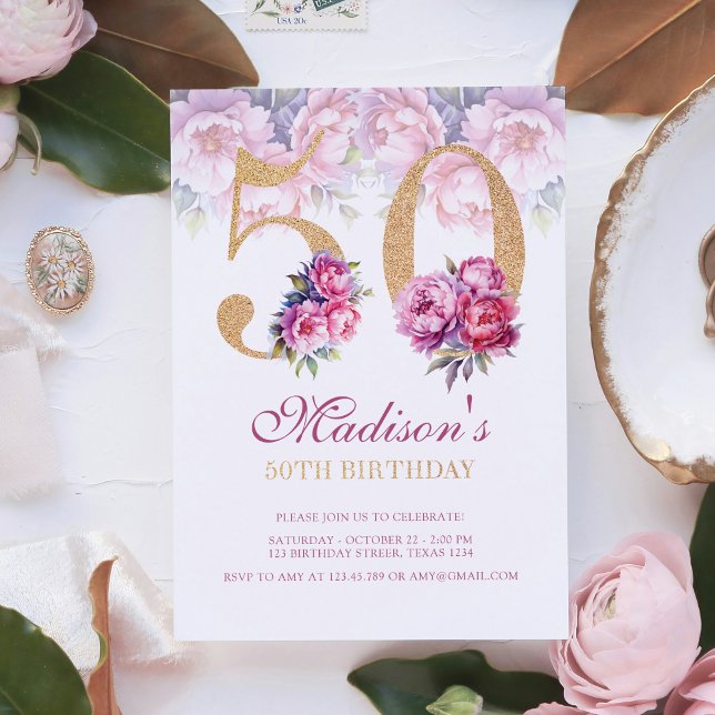 Invitación Purpurina de oro rosa floral 50 de lujo (Subido por el creador)