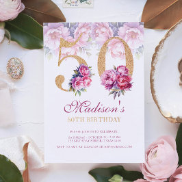 Invitación Purpurina de oro rosa floral 50 de lujo
