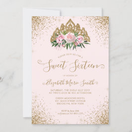 Invitación Purpurina de oro rosa floral Tiara Sweet 16 cumple
