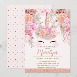 Invitación Purpurina de oro Rosa floral Unicorn Baby Shower
