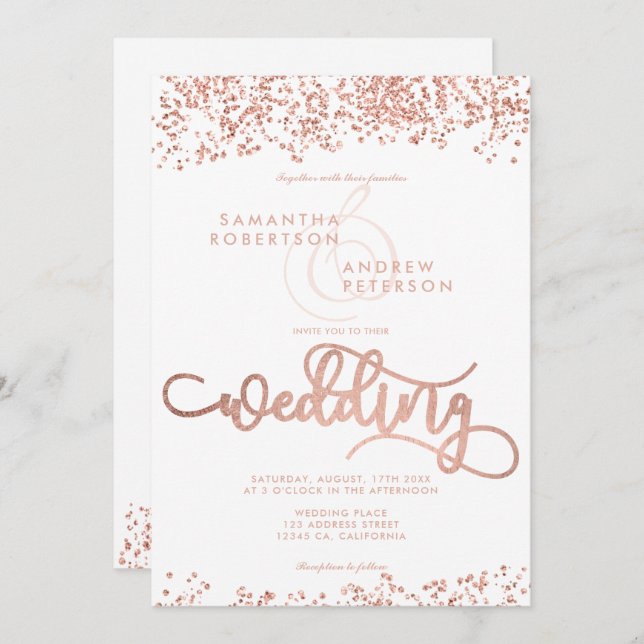 Invitación purpurina de oro Rosa foto de boda blanco confetti (Anverso / Reverso)