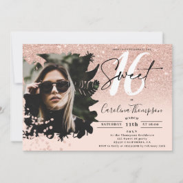 Invitación purpurina de oro Rosa foto rosa oscuro con flores 