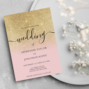 Invitación Purpurina de oro rosa Glam escritura negra boda so