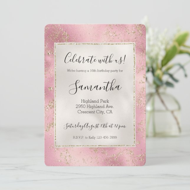 Invitación Purpurina de oro rosa Glitz Pearl White (Anverso de pie)