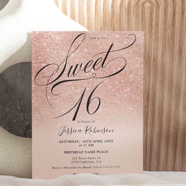 Invitación purpurina de oro Rosa guión de moda oscura rosada  (Subido por el creador)
