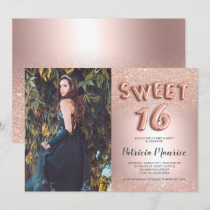 Invitación purpurina de oro Rosa letra oscura foto Relieve me