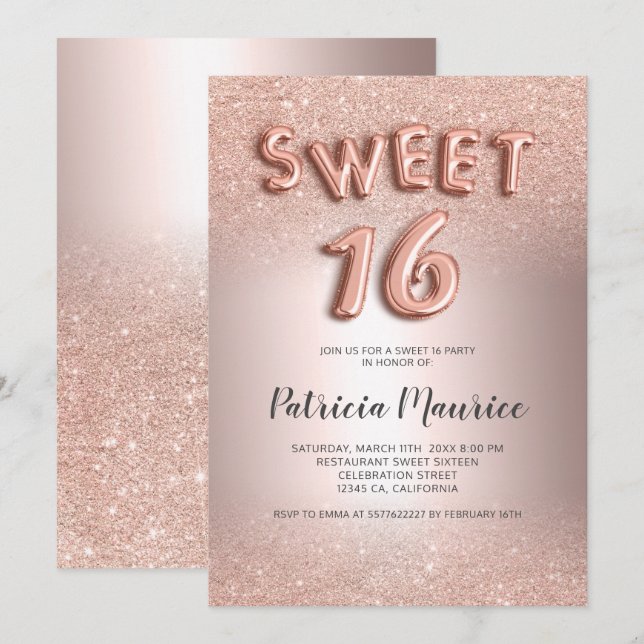 Invitación purpurina de oro Rosa letras sombrías metálicas du (Anverso / Reverso)