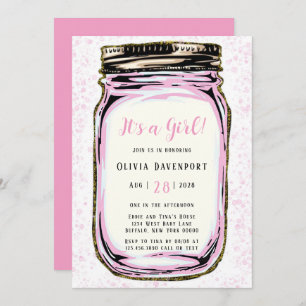 Invitación Purpurina de oro rosa Mason Jar Chica Baby Shower