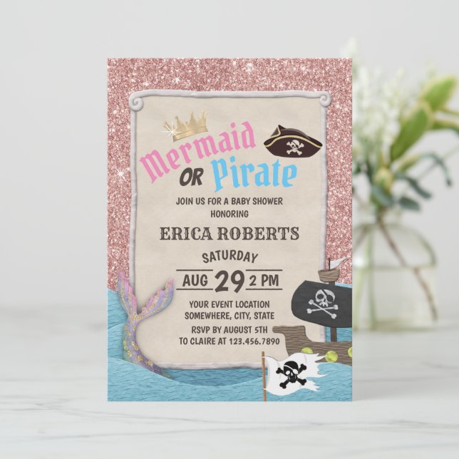 Invitación Purpurina de oro Rosa Mermaid o Pirate Baby Shower (Anverso de pie)