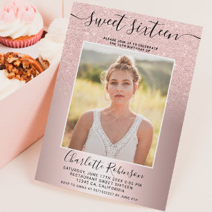 Invitación Purpurina de oro rosa metálico sombrío 3 fotos Dul