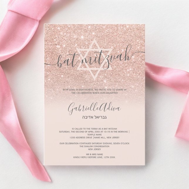 Invitación purpurina de oro Rosa murciélago de moda rosa rubo (Rose gold glitter blush pink chic bat mitzvah invitation)