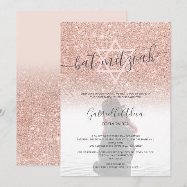 Invitación purpurina de oro Rosa murciélago rosa amarillo mit (Anverso / Reverso)