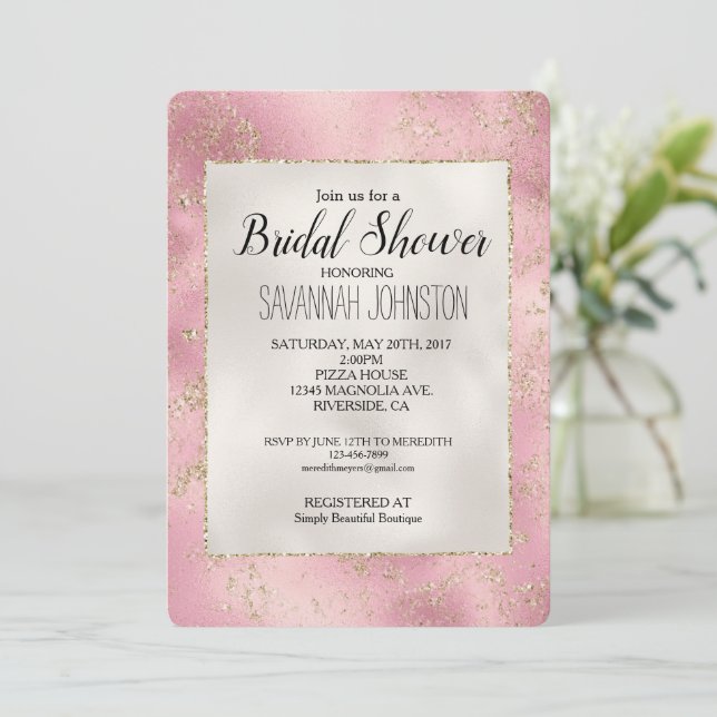 Invitación Purpurina de oro rosa Pearl White Bridal Shower (Anverso de pie)