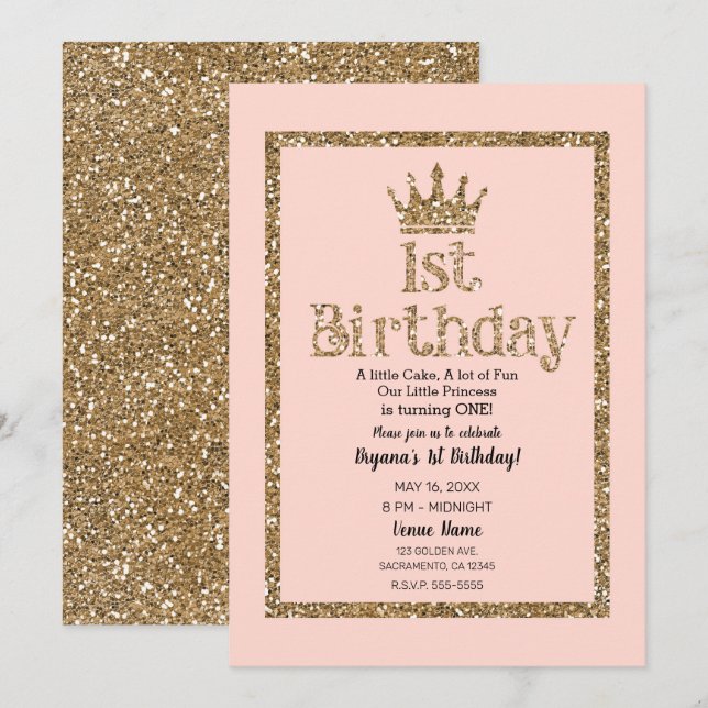 Invitación Purpurina de oro rosa primera corona de la princes (Anverso / Reverso)