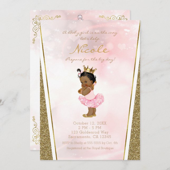 Invitación Purpurina de oro rosa Princesa Vintage Niña Negra (Anverso / Reverso)