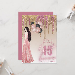 Invitación Purpurina de oro rosa Quinceanera Brunette Chica