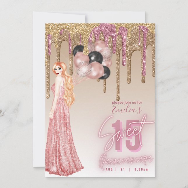 Invitación Purpurina de oro rosa Quinceanera Chica de pelo ro (Anverso)