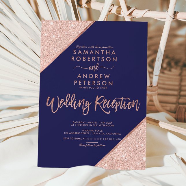 Invitación purpurina de oro Rosa recepción de boda azul marin (Subido por el creador)