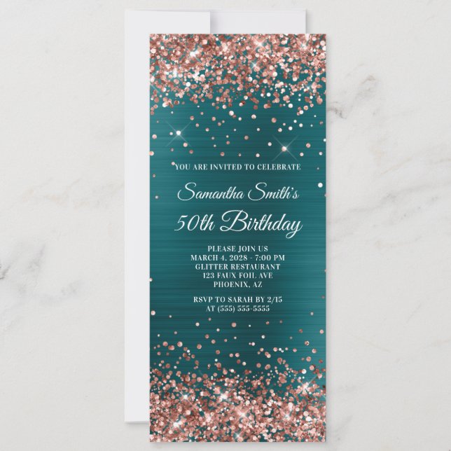 Invitación Purpurina de oro Rosa Relieve metalizado azul Verd (Anverso)