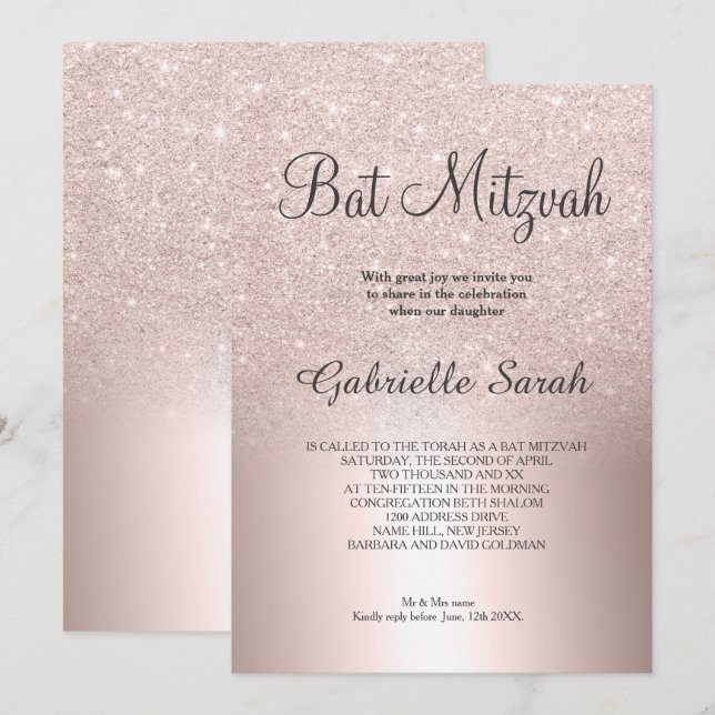 Invitación purpurina de oro Rosa Relieve metalizado metálico  (Anverso / Reverso)